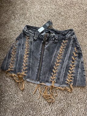Women's Black Washed Denim Lace-Up Mini Skirt with Tan Trim